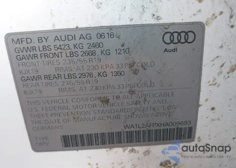 2017 Audi Q5 2.0T Premium from USA, damaged, VIN WA1L2AFPXHA009693